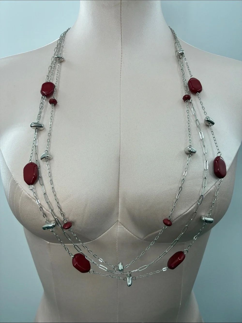 3For$20 MIXIT Red Beaded Multi-Strand Women's Necklace - Silver Chain NEW